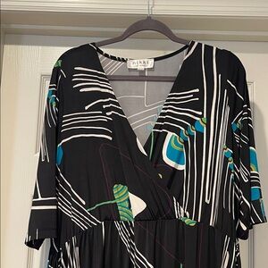 Nikki Poulod Black Maxi Dress Blue Green Geometric Pattern Women’s Size 1X